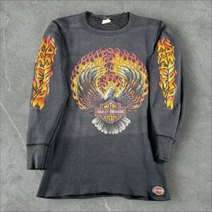 Vintage Harley Davidson Shirt Mens Large Black‎ 1990s Flame Sleeve Thermal Eagle